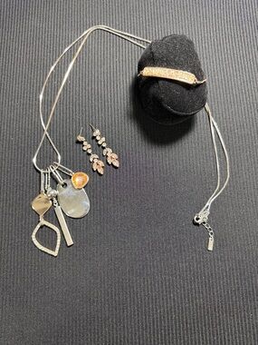 Silver Multi-Charm Necklace with Rose Gold Crystal Accent